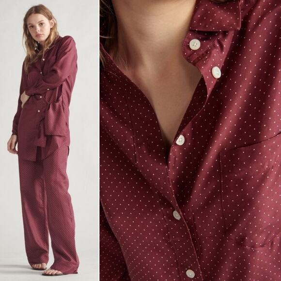 Takoon Silk Wrap Tie Shirt Dress in maroon polka dots Sz XS minimalist oversize - Picture 9 of 9